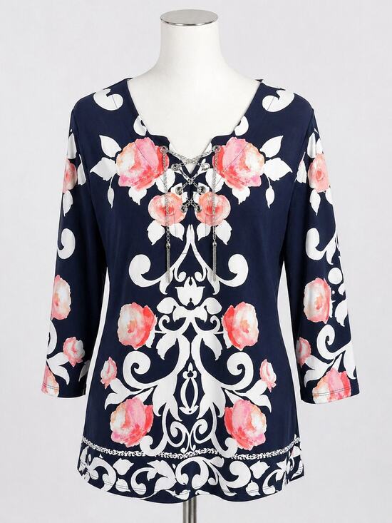 JM Collection Tops - JM Collection Navy Floral Scroll Print Top Lace-Up Chain Detail 3/4 Sleeve Large